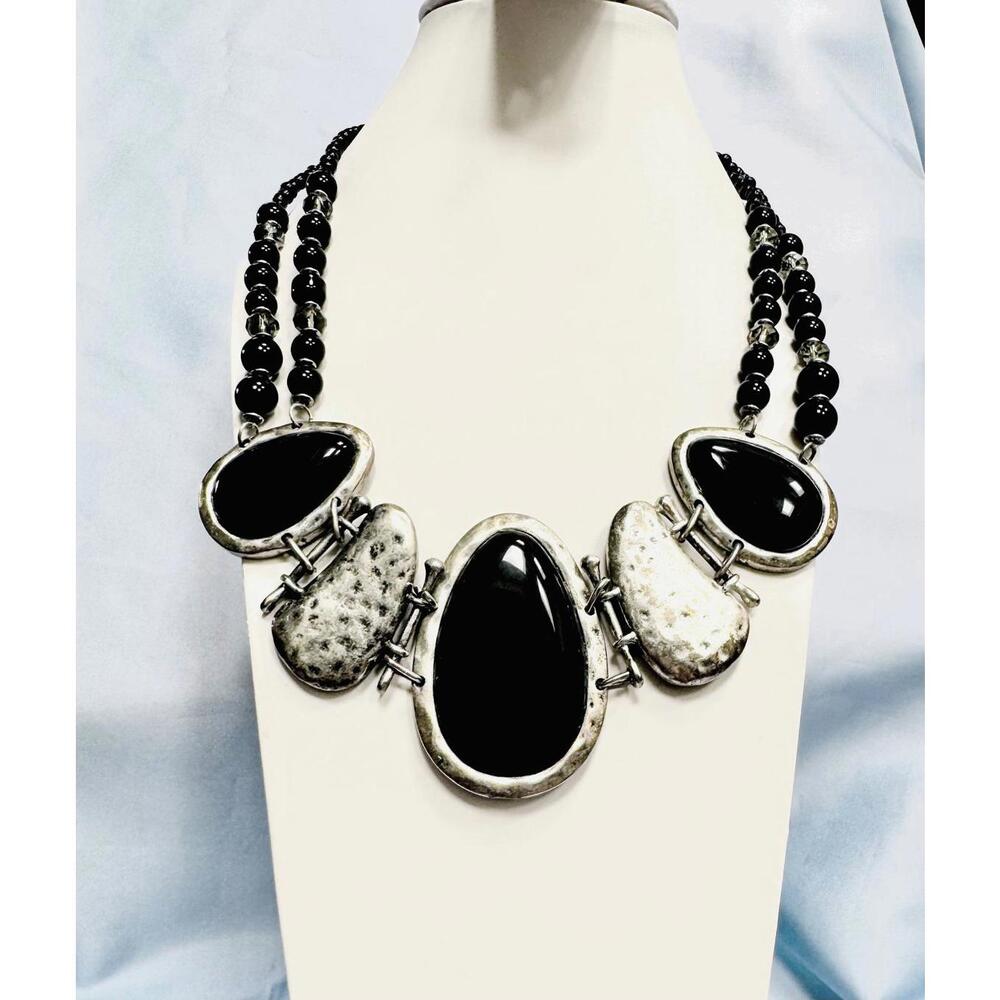 W Pewter Large Black Glass & Pewter Links w/Clear & Black Crystal BeadsNecklace